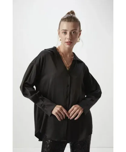 Gusto Womens Relaxed Fit Satin Shirt in Black
