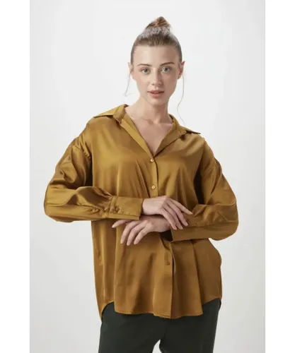 Gusto Womens Relaxed Fit Satin Shirt in Olive - Bronze