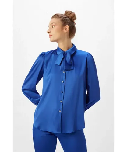 Gusto Womens Satin Shirt With Tie in Blue
