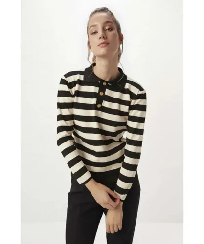 Gusto Womens Striped Polo Shirt in Black
