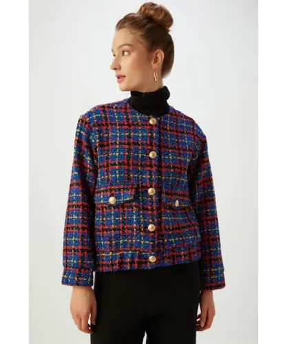 Gusto Womens Tweed Bomber Jacket in Blue Cotton
