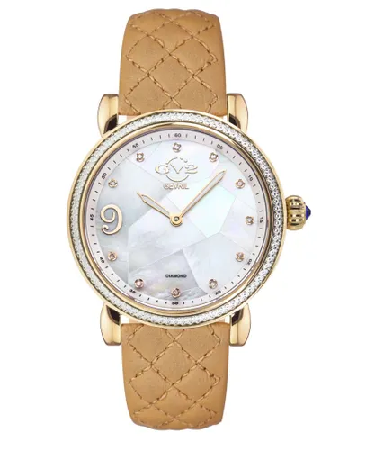 Gv2 Ravenna WoMens MOP Dial Gold Tone Case Tan Quilted Calfskin Leather Watch - Beige - One Size