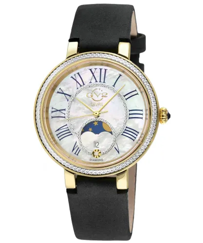 Gv2 WoMens Genoa SS IPYG Case, White MOP Dial, Authentic Handmade Black Nero Suede Leather Strap - One Size