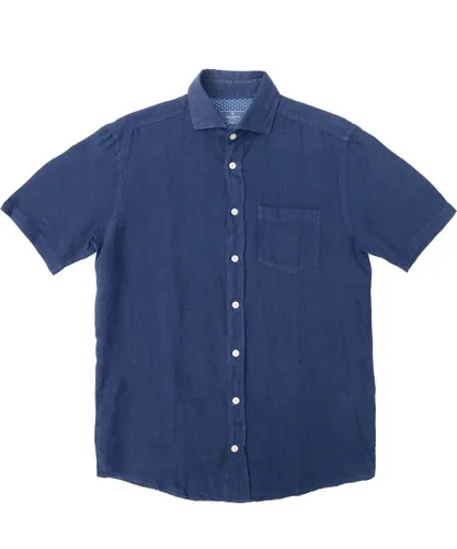 Hackett London Mens Garment Dyed Linen Short Sleeve Shirt in Black Iris - Navy