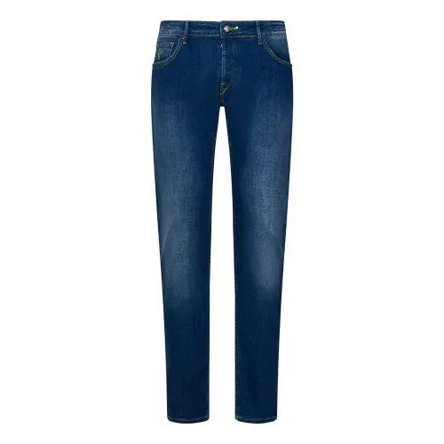 Hand Picked , Slim Fit Blue Jeans with Green Logo Embroidery ,Blue male, Sizes: