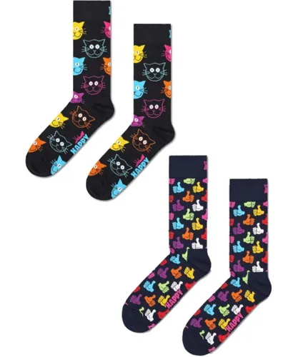 Happy Socks Unisex 2 Pack Classic Cat Thumbs Up Crew - Multicolour Cotton