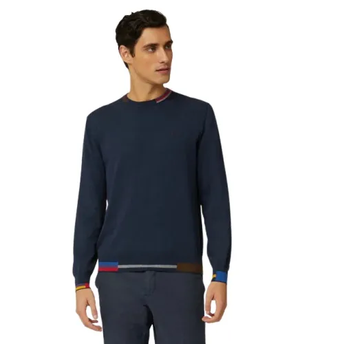 Harmont & Blaine , Cotton and Wool Crew-neck Sweater with Multicolor Details ,Blue male, Sizes: