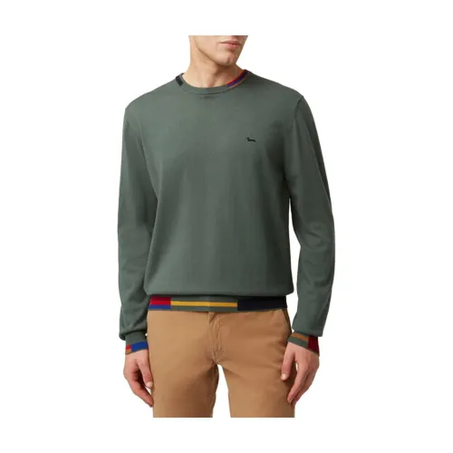 Harmont & Blaine , Cotton and Wool Crew-neck Sweater with Multicolor Details ,Green male, Sizes: