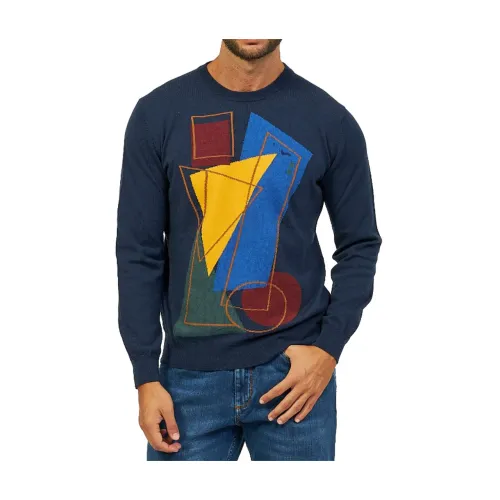 Harmont & Blaine , Geometric Pattern Crew Neck Sweater ,Blue male, Sizes:
