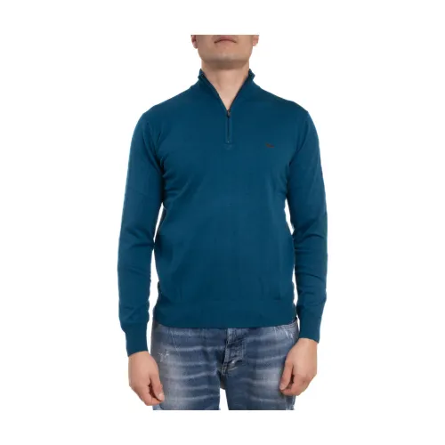 Harmont & Blaine , Half Zip Sweater with Embroidered Dachshund ,Blue male, Sizes: