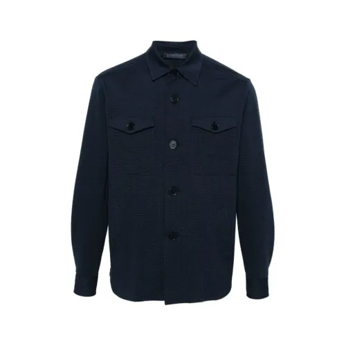 Harris Wharf London , Dark Blue Seersucker Coolmax Shirt Jacket ,Blue male, Sizes: