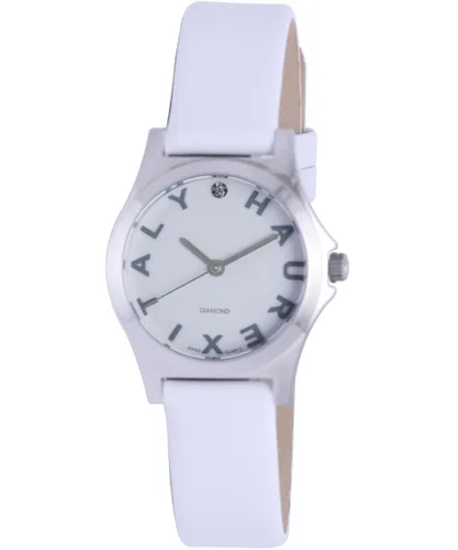 Haurex Italy WoMens 6A505DSW "Mini City" Diamond-Accented Stainless Steel Watch with White Leather Band - One Size