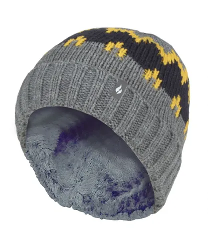 Heat Holders - Boys Thick Ribbed Woven Knitted Soft Pom Pom Bobble Beanie Hat - Pebble Melange/Gold/Navy