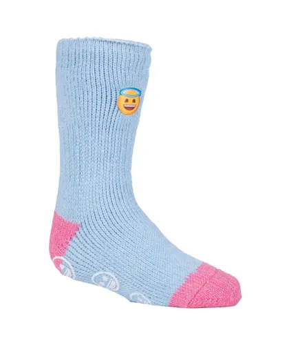 Heat Holders Girls - Childrens Character Non Slip 2.3 TOG Winter Warm Thermal Slipper Socks with Grippers - Emoji Angel Face - Multicolour
