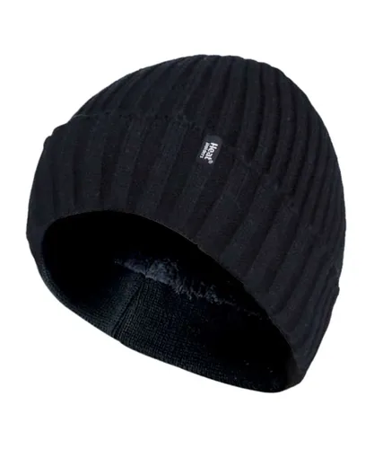 Heat Holders Mens 3.6 tog Fleece Lined Thermal Turn Over Cuff Winter Beanie Hat - Black - One