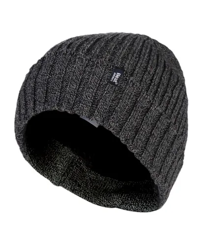 Heat Holders - Mens Ribbed Knit Fleece Lined Insulated Warm Turn Over Cuff Thermal Winter Beanie Hat - Grey Nylon