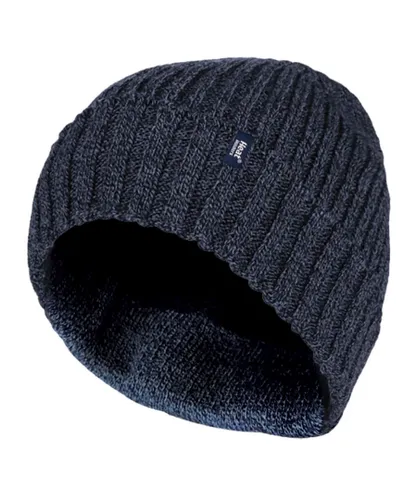 Heat Holders - Mens Ribbed Knit Fleece Lined Insulated Warm Turn Over Cuff Thermal Winter Beanie Hat - Navy Nylon