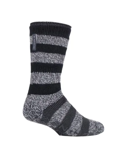 Heat Holders - Mens Striped Fleece Lined Non Slip Thick Slipper Socks - Black