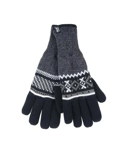 Heat Holders Mens Striped Nordic Fairisle Zig Zag Knitted Fleece Lined Warm Gloves - Black