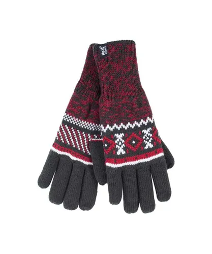 Heat Holders Mens Striped Nordic Fairisle Zig Zag Knitted Fleece Lined Warm Gloves - Charcoal