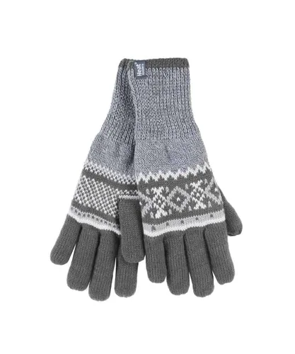 Heat Holders Mens Striped Nordic Fairisle Zig Zag Knitted Fleece Lined Warm Gloves - Grey
