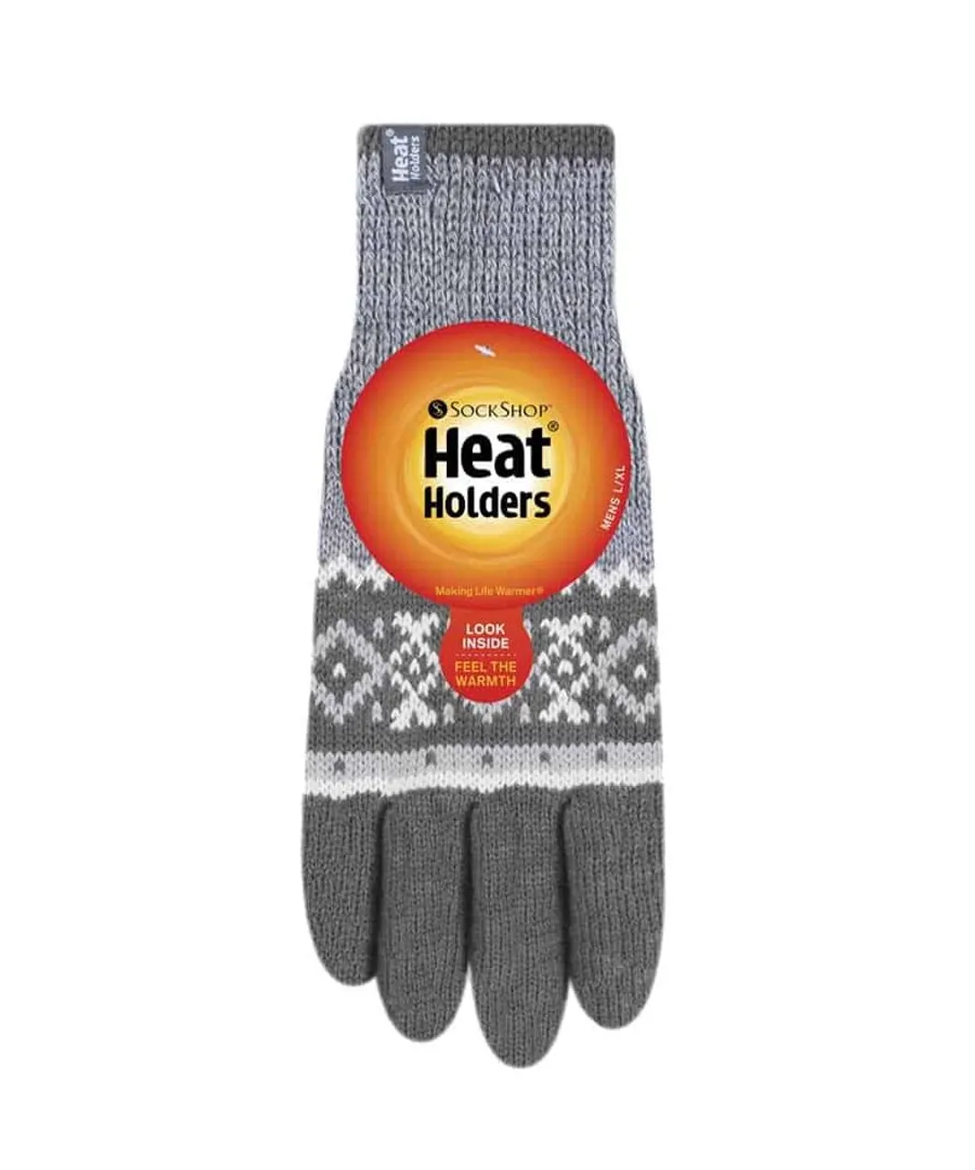 Heat Holders Mens Striped Nordic Fairisle Zig Zag Knitted Fleece Lined Warm Gloves - Grey