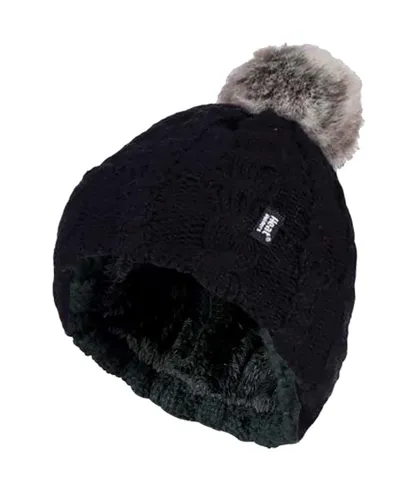 Heat Holders Womens - Ladies Knit Fleece Lined Thermal Bobble Hat with Pom Pom - Black - One