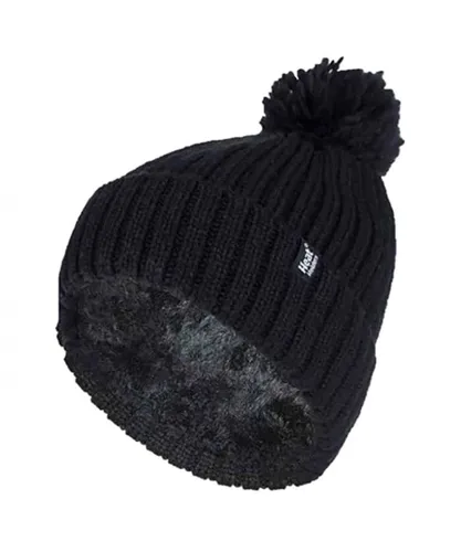 Heat Holders Womens Ladies Ribbed Cuffed Thermal Insulated Winter Pom Pom Bobble Hat - Black - One