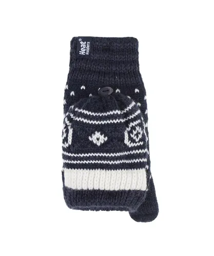 Heat Holders Womens Ladies Warm Fairisle Patterned Thermal Fingerless Converter Gloves - Navy - One
