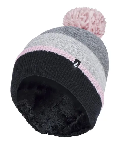 Heat Holders Womens - Ladies Warm Knit Fleece Lined Winter Hat with Pom Pom - Grey / Pink - Multicolour - One