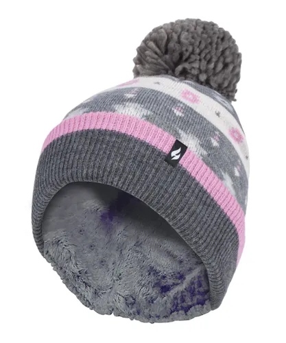 Heat Holders Womens - Ladies Warm Knit Fleece Lined Winter Hat with Pom Pom - Pink / Grey - Multicolour - One