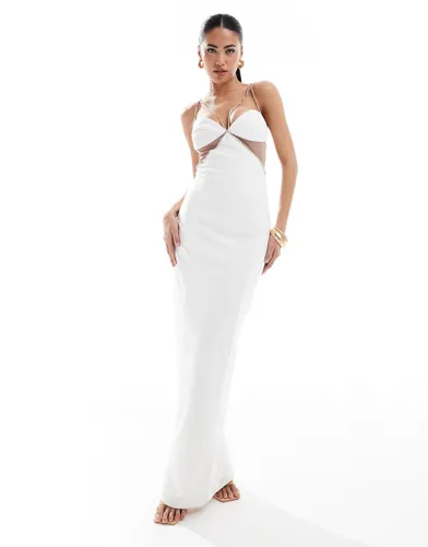 Heiress Beverly Hills premium diamante strap cut out mesh detail maxi dress in white