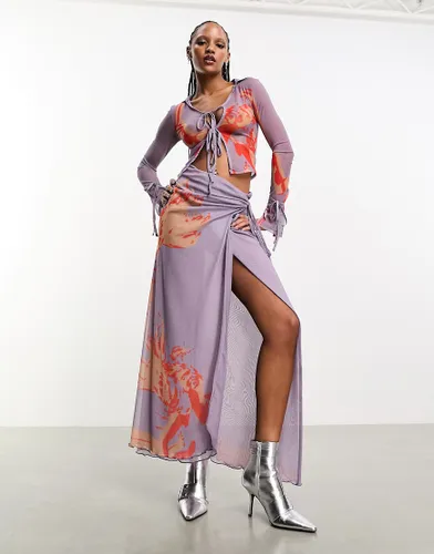 Heretic Nine maxi wrap mesh skirt in abstract print co-ord-Purple