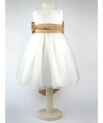 Heritage Girls Constance - Ivory Flower Girl Bridesmaid Dress with an Antique Gold Sash Cotton