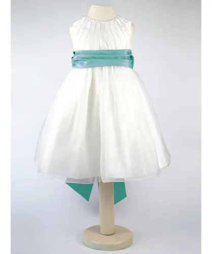 Heritage Girls Constance - Ivory Sleeveless Flower Girl Bridemaid Dress with a Sea Green Sash Cotton
