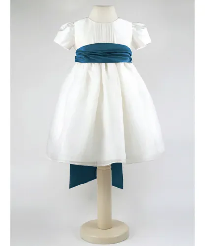 Heritage Girls Dolly - Ivory Flower Girl Party Dress with a Teal Coloured Sash Cotton