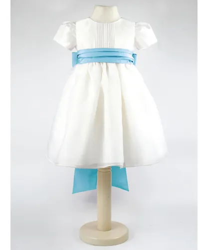 Heritage Girls Dolly - Ivory Flower Girl Party Dress with a Turquoise Coloured Sash Cotton