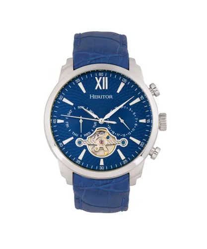Heritor Automatic Mens Arthur Semi-Skeleton Leather-Band Watch w/ Day/Date - Blue Stainless Steel - One Size