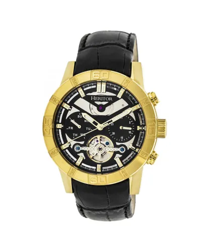 Heritor Automatic Mens Hannibal Semi-Skeleton Leather-Band Watch - Black/Gold Stainless Steel - One Size