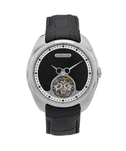 Heritor Automatic Mens Roman Semi-Skeleton Leather-Band Watch - Black & Silver - One Size