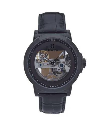 Heritor Automatic Mens Xander Semi-Skeleton Leather-Band Watch - Black Stainless Steel - One Size