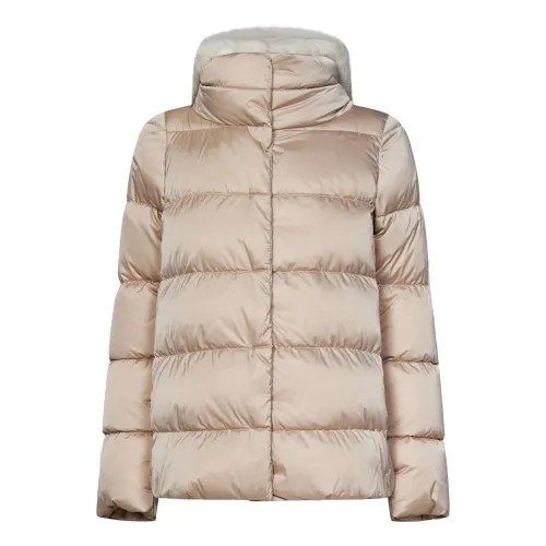 Herno , Beige Quilted Coat with Detachable Fur Hood ,Beige female, Sizes: