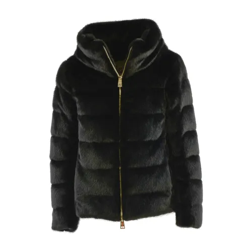 Herno , Black Eco Fur Down Jacket ,Black female, Sizes:
