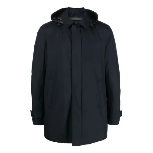 Herno , Midnight Blue Gortex Hooded Raincoat for Men ,Blue male, Sizes: