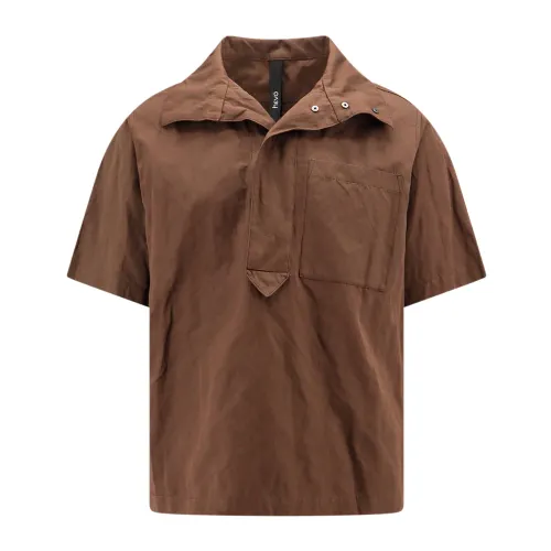 Hevo , Brown Snap Button Shirt, High Collar, Short Sleeve ,Brown male, Sizes: