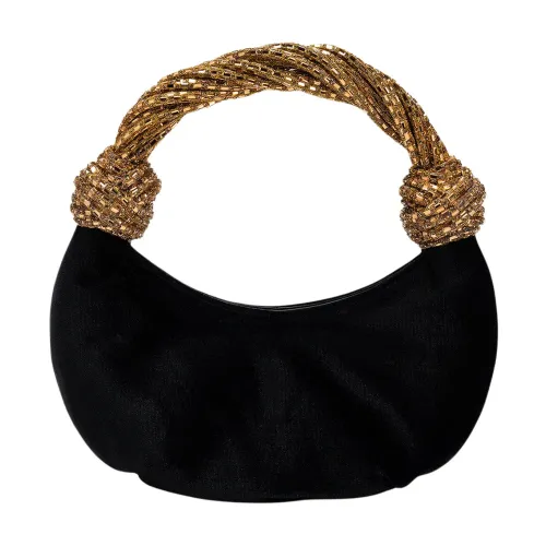 Hibourama , Black Velvet Handbag with Jewel Handle ,Black female, Sizes: ONE SIZE