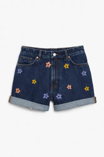 High waist flower denim shorts - Blue