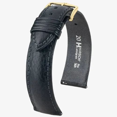 HIRSCH Camelgrain 16mm Long Black Leather Watch Strap 01009050-1-16