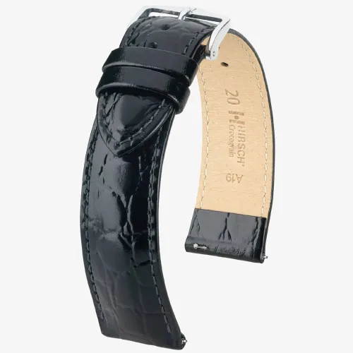 HIRSCH Crocograin 20mm Long Black Leather Watch Strap 12322850-2-20