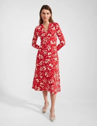 Hobbs Womens Jersey Floral V-Neck Midi Waisted Dress - 6 - Red Mix, Red Mix